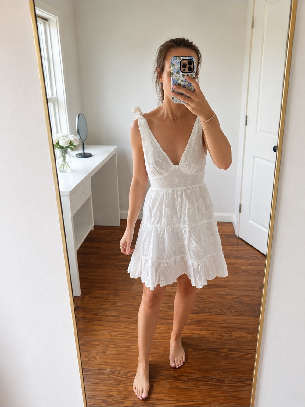 Angel Biba White Tiered Eyelet V-Neck Mini Dress
